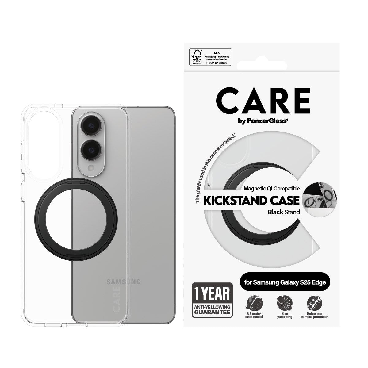 CARE by PanzerGlass® Feature Case Transparent m. Schwarz Kickstand & Qi Compatible Samsung S25 Edge